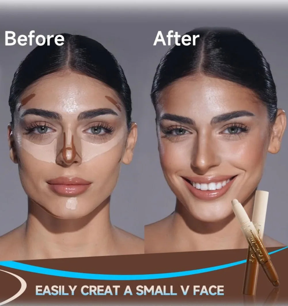 Before and after comparison of a woman's face with makeup application, featuring a concealer stick.