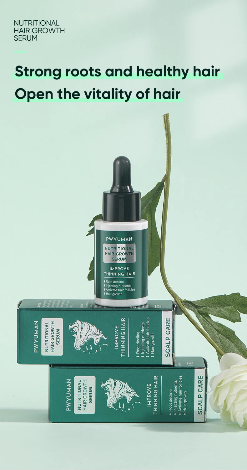 nutritional hair growth serum with packaging on a light green background
