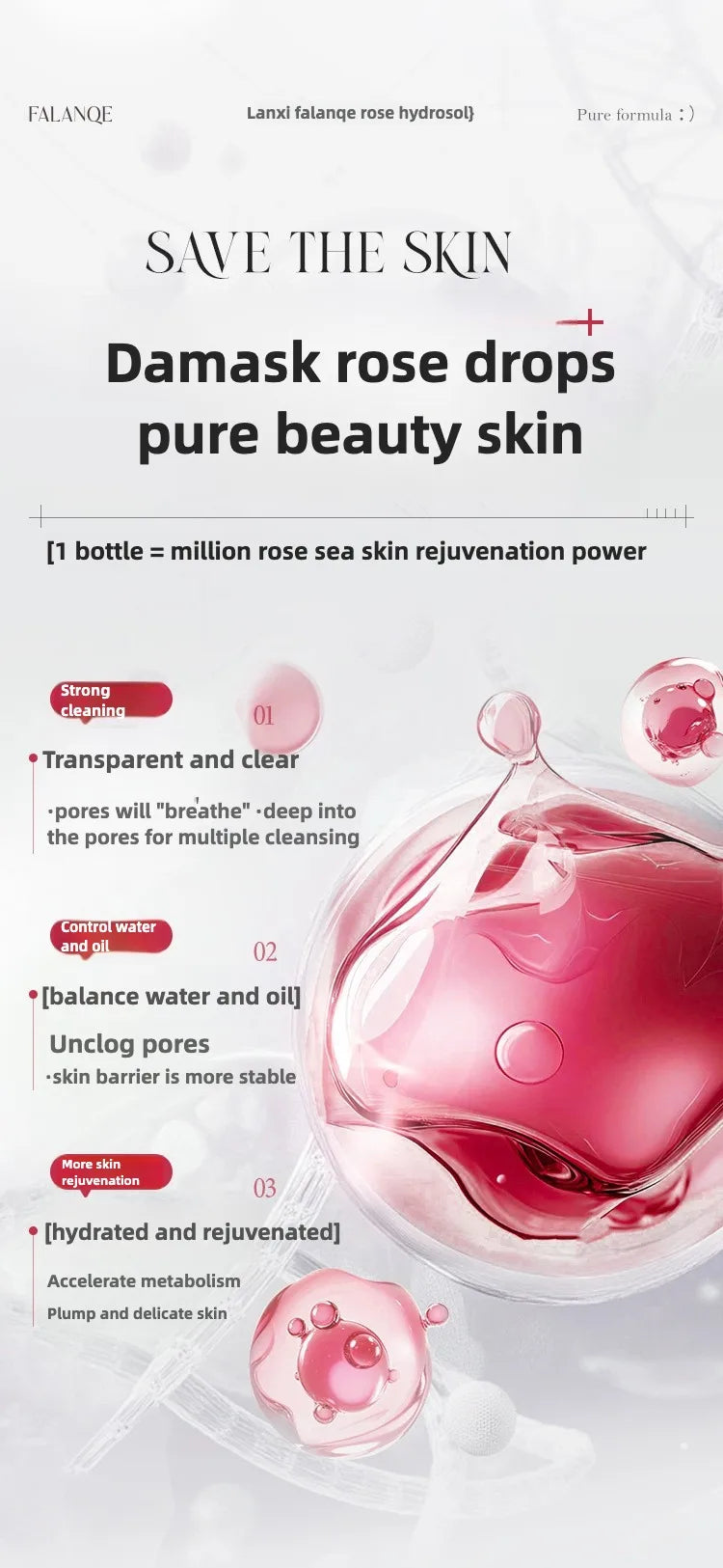 Advertisement for Damask rose drops with a pink droplet on a white background