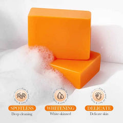 Two orange soap bars with text indicating their use for different skin types on a white background.