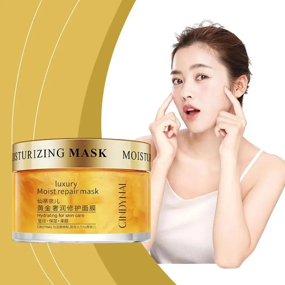 Cindyual moisturizing mask with a model applying it to her face on a yellow and white background