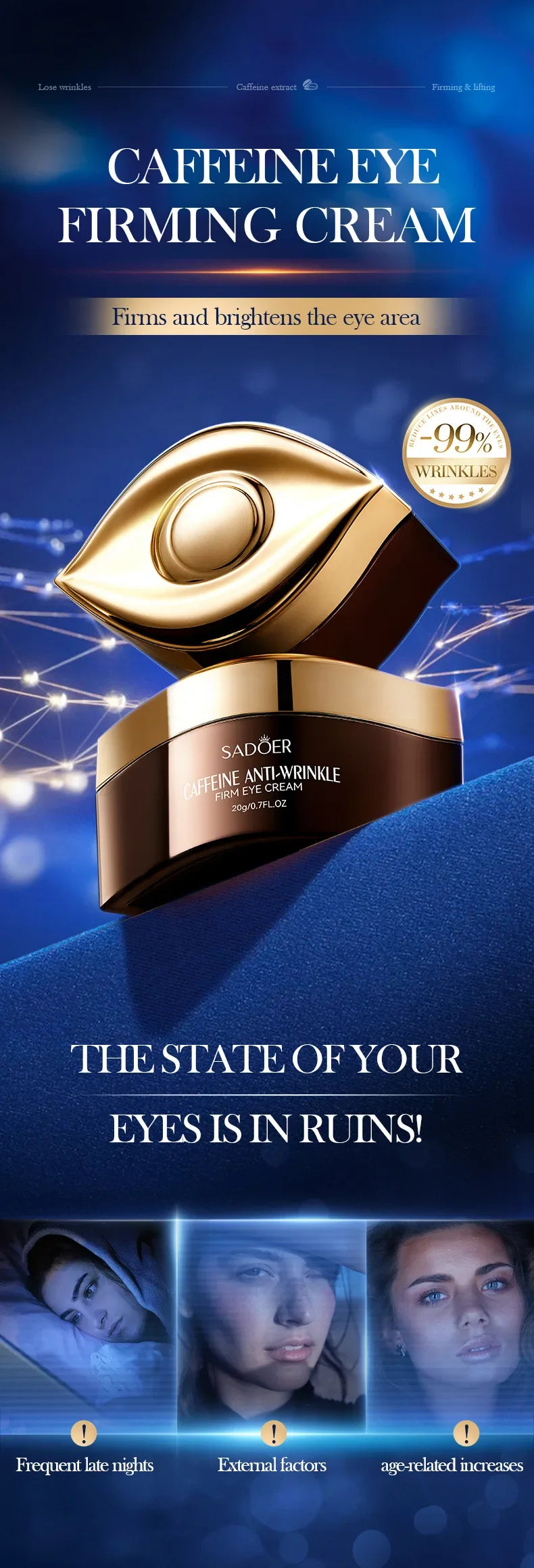 Advertisement for caffeine eye firming cream with a gold and brown container on a blue background.