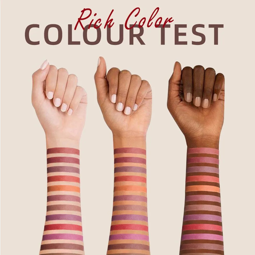 Three hands with color swatches on a beige background, labeled 'Rich Color Colour Test'.