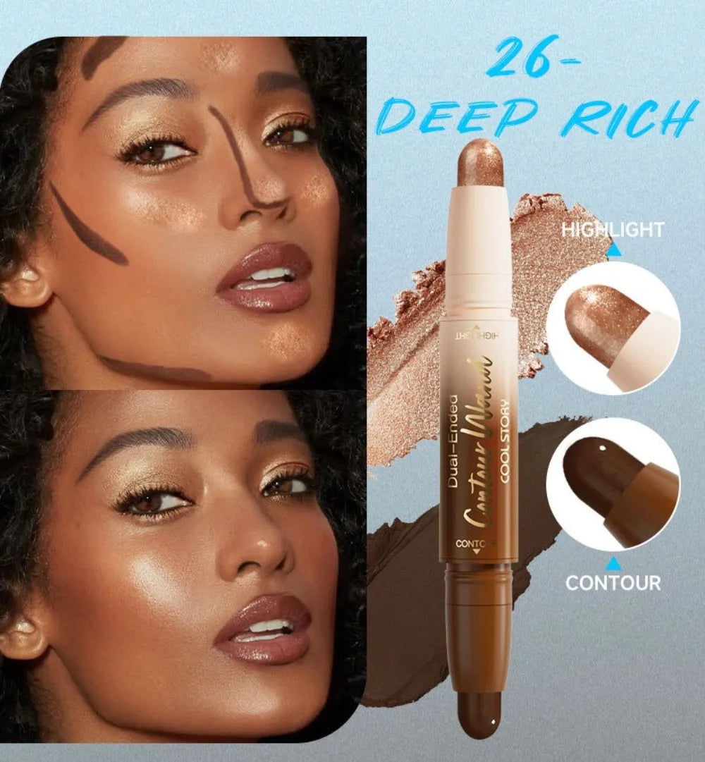 2-in-1 Double Head Highlighter & Contour Stick – Glitter Brightening Concealer Pen for Long Lasting Three-Dimensional Face Makeup