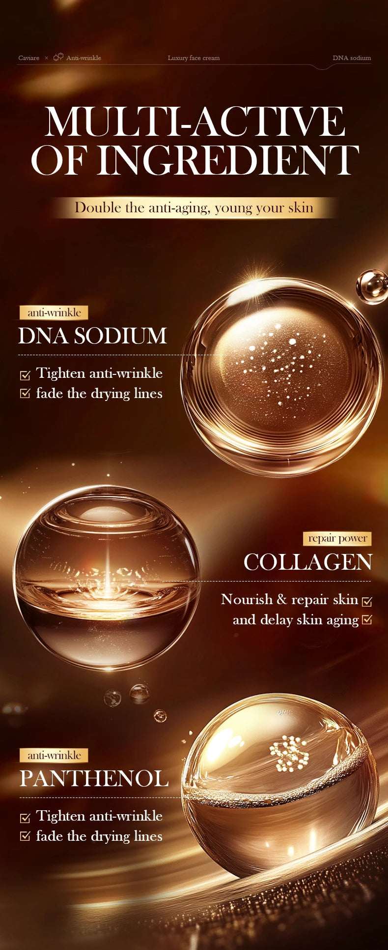 Advertisement for skincare products with DNA Sodium, Collagen, and Panthenol on a dark background.