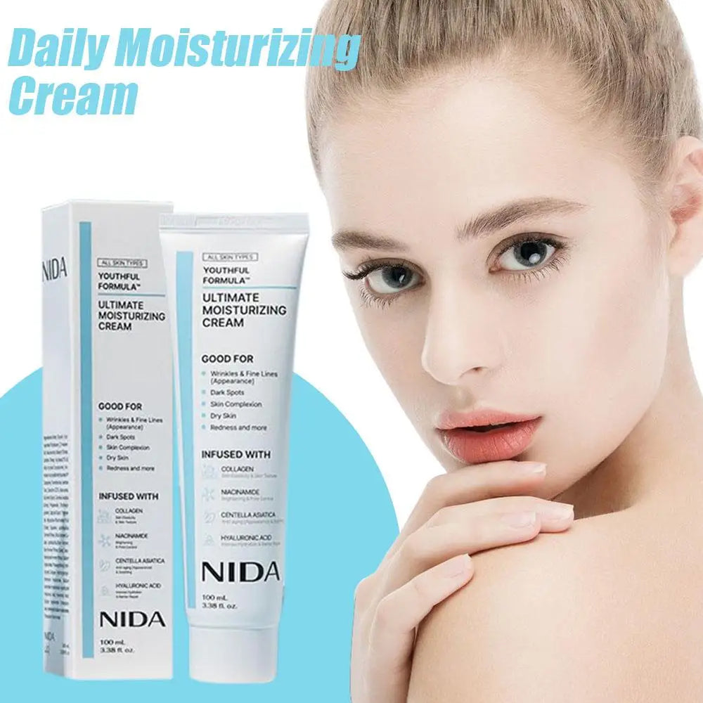 NIDA Daily Moisturizing Cream with packaging and a model on a white background