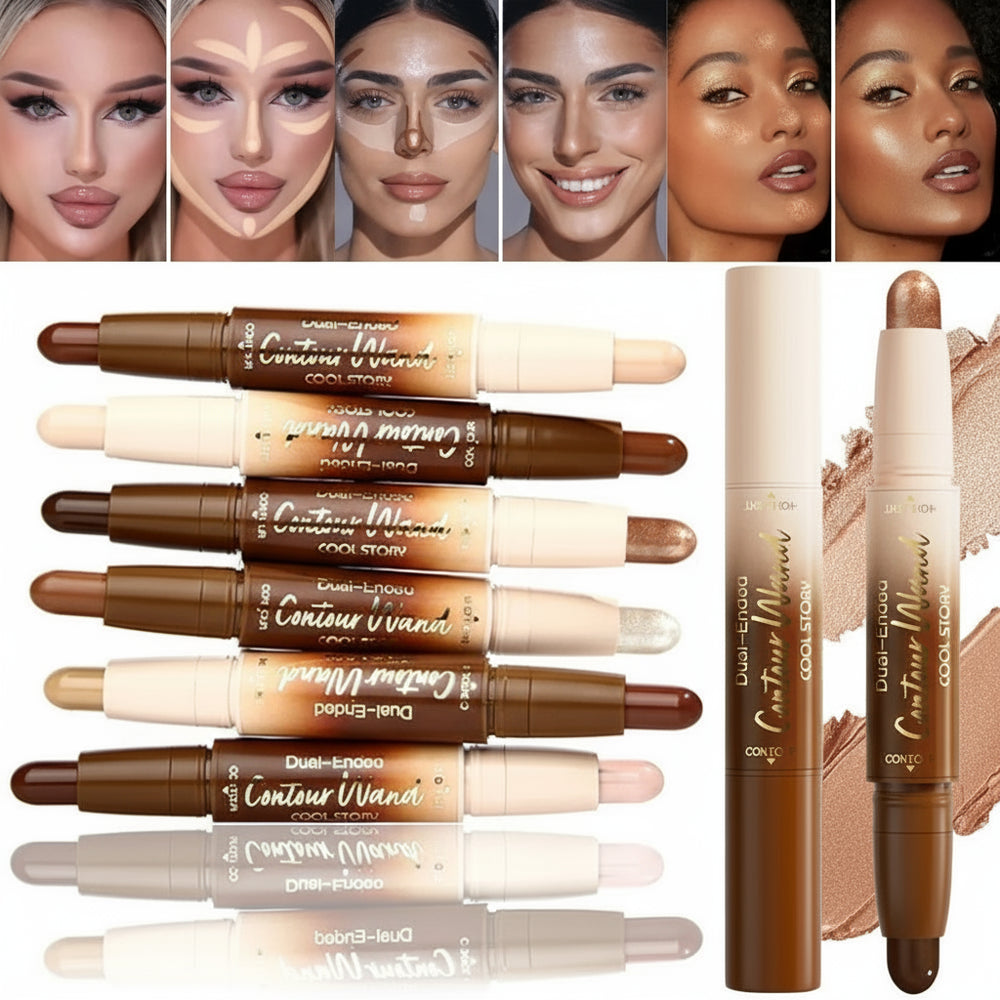 Makeup product with application examples on faces and close-up of product packaging.
