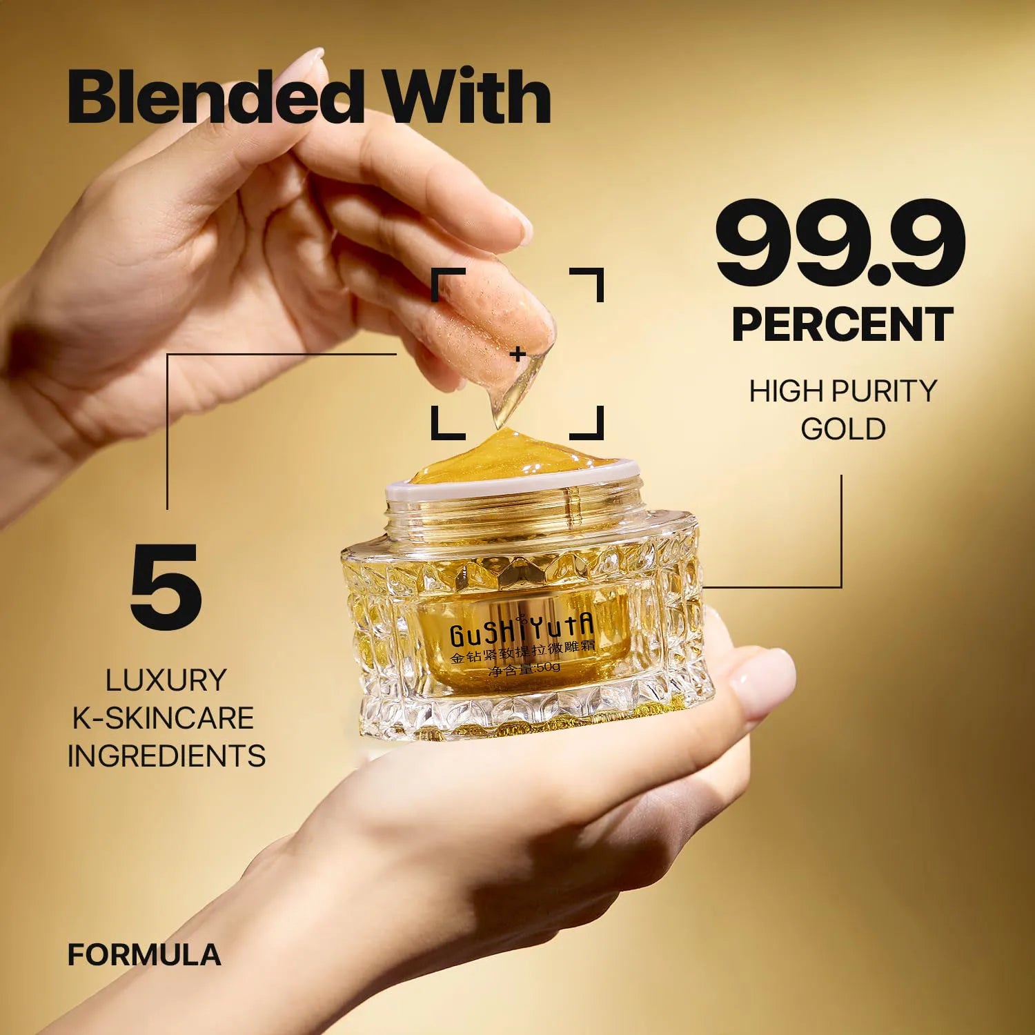 Gold skincare product with text highlighting gold purity and ingredients on a gold background