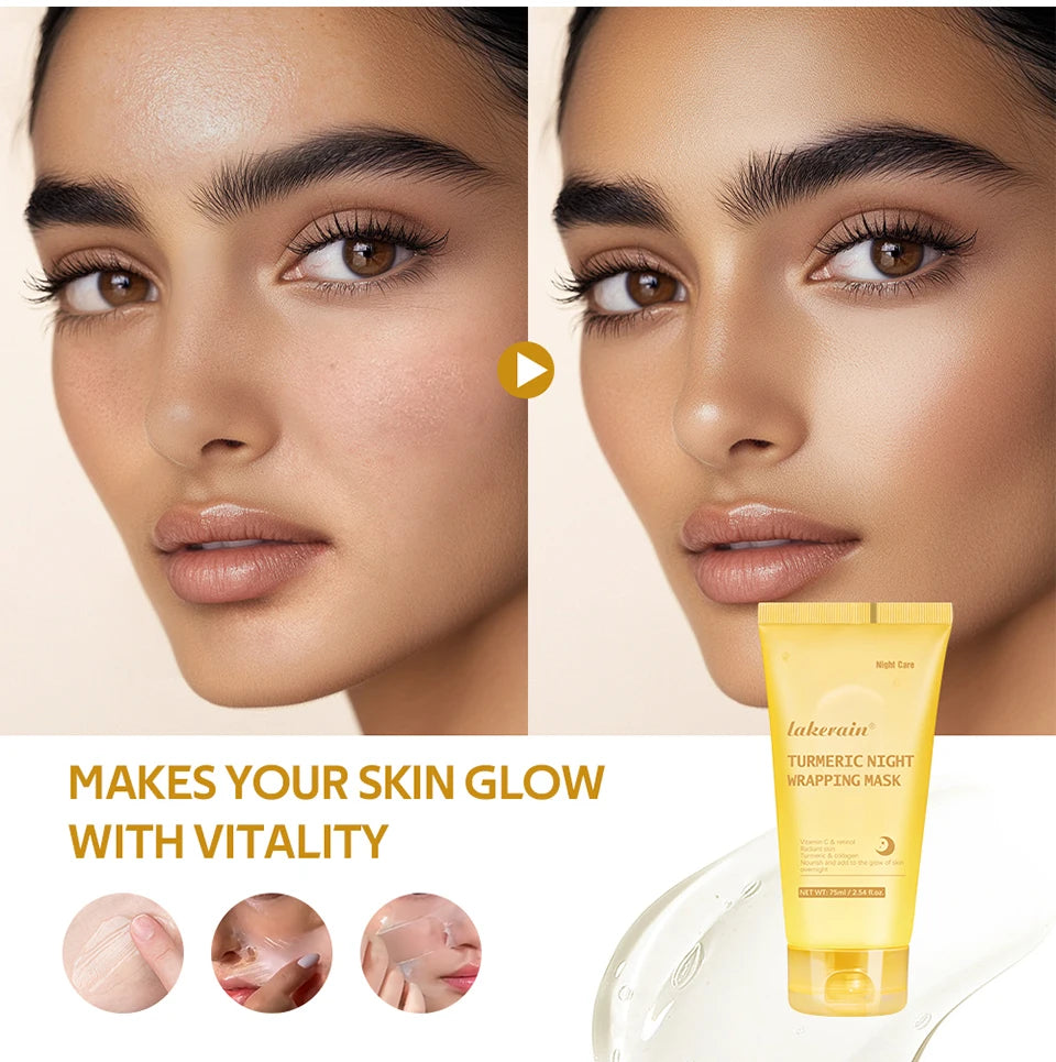 Cosmetic product with a woman's face showing before and after effects, text 'Makes your skin glow with vitality'.