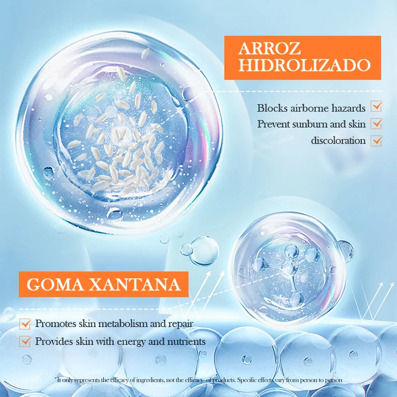 Advertisement for hydrolyzed rice and xanthan gum with product images and text on a blue background.