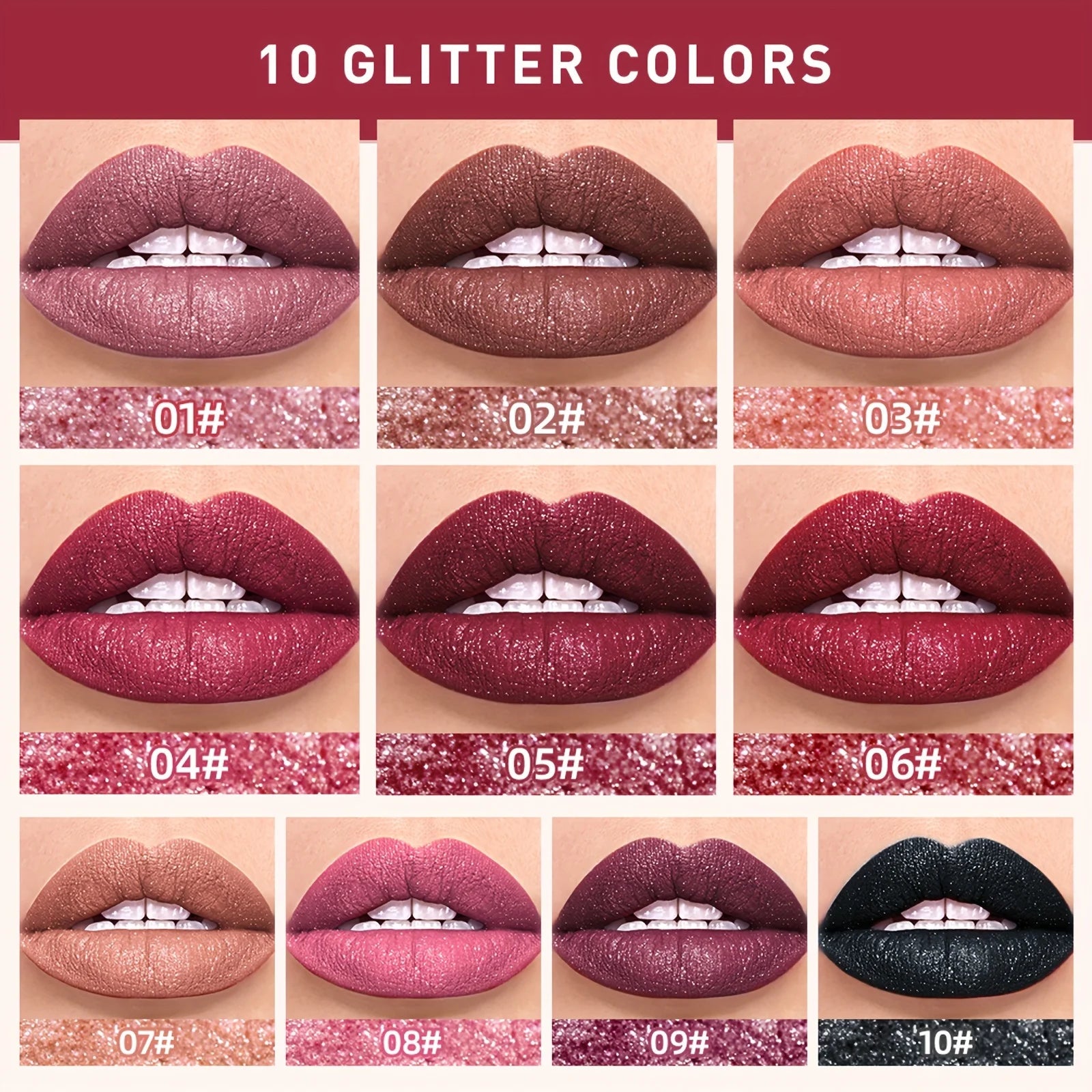 Collage of lips with glittery lipsticks in various colors on a beige background.