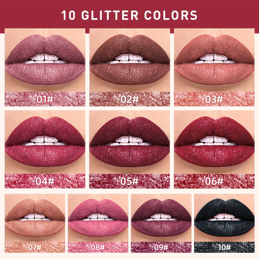 Collage of lips with glittery lipsticks in various colors on a beige background.