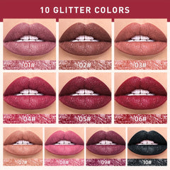 Collage of lips with glittery lipsticks in various colors on a beige background.
