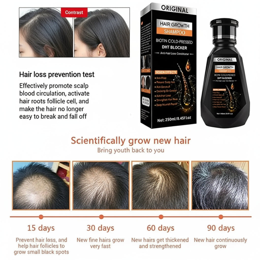 Hair growth product packaging with before and after images and text on a white background