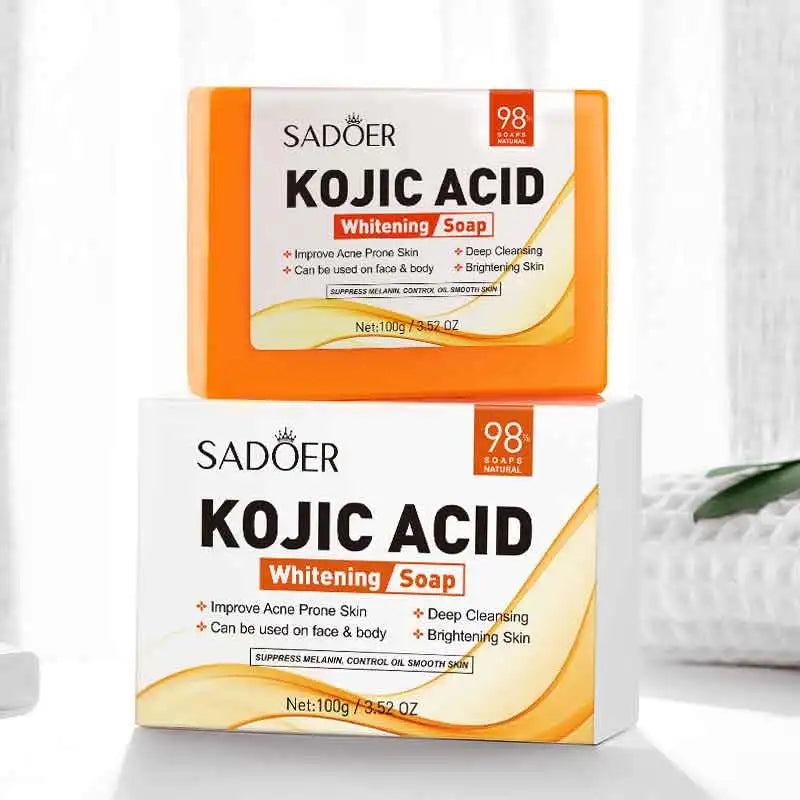Two boxes of Sadoer Kojic Acid Whitening Soap on a white background