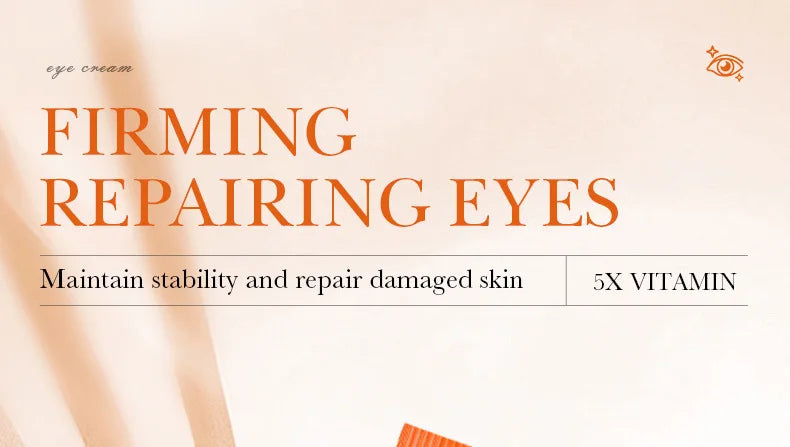 Advertisement for eye cream with text 'Firming Repairing Eyes' and product details on a beige background.
