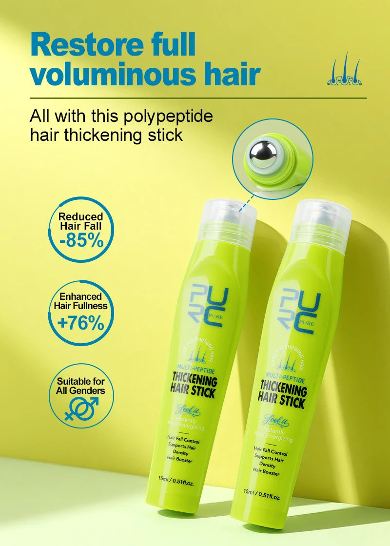 Two green hair thickening sticks with text on a yellow background