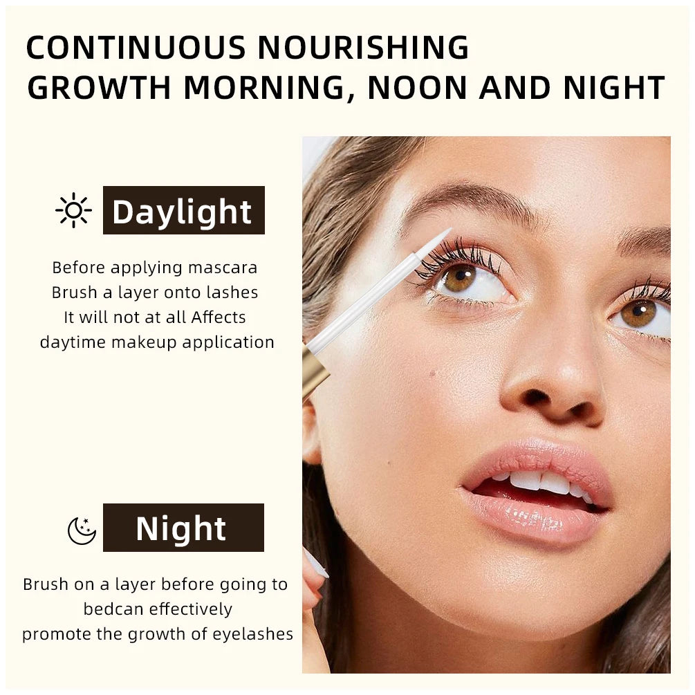 Product advertisement for eyelash growth serum with text on usage during day and night.