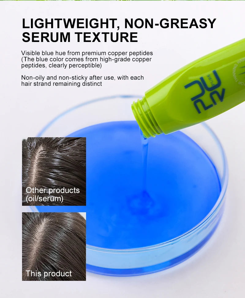 Green serum bottle with blue liquid being poured into a clear container, with text about product texture and comparison to other products.