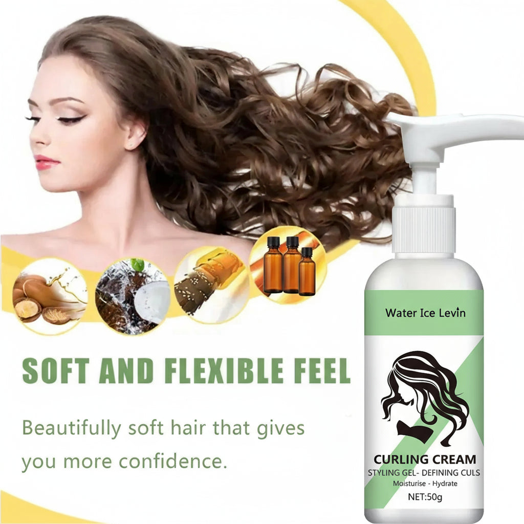 Woman with styled hair next to a bottle of Water Ice Levin Curling Cream with product details.