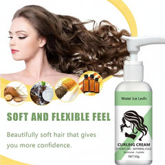 Woman with styled hair next to a bottle of Water Ice Levin Curling Cream with product details.