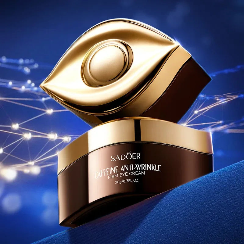 Gold and brown eye-shaped cream jar with 'SADGER' branding on a blue background