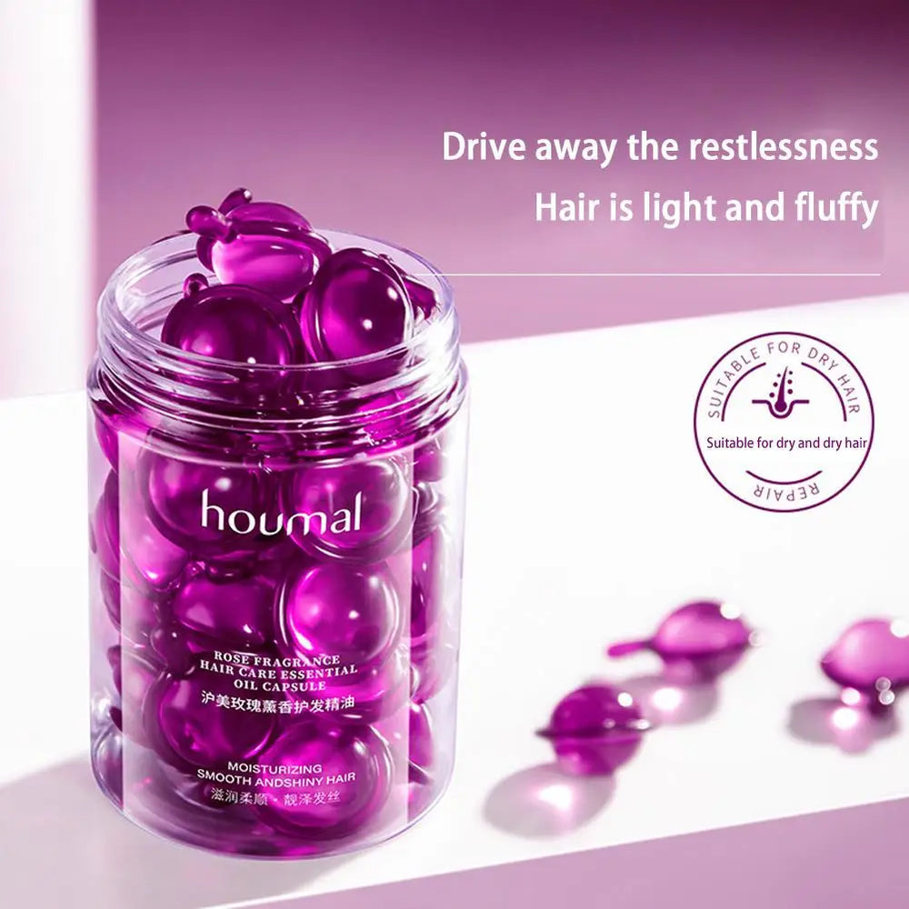 Jar of purple hair care essential oil capsules with text on a pink background