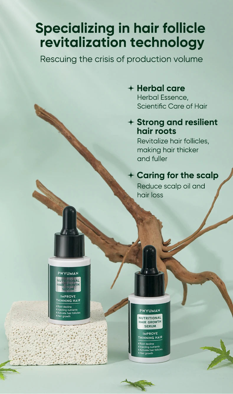 Two bottles of hair care products with a natural background and text about hair follicle revitalization technology.