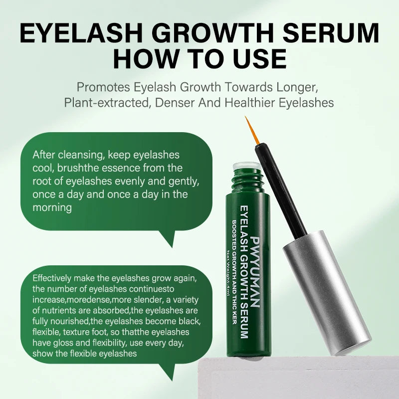 Eyelash growth serum with usage instructions on a light green background