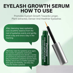 Eyelash growth serum with usage instructions on a light green background