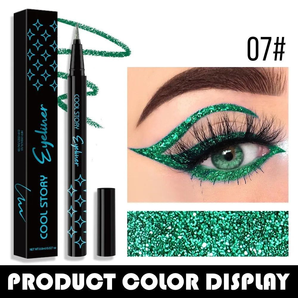 Eyeliner pen with packaging, application on eye, and color swatch displayed.