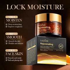 Sadoer Rejuvenating Deep Collagen Vitamin C face cream with packaging on a dark background