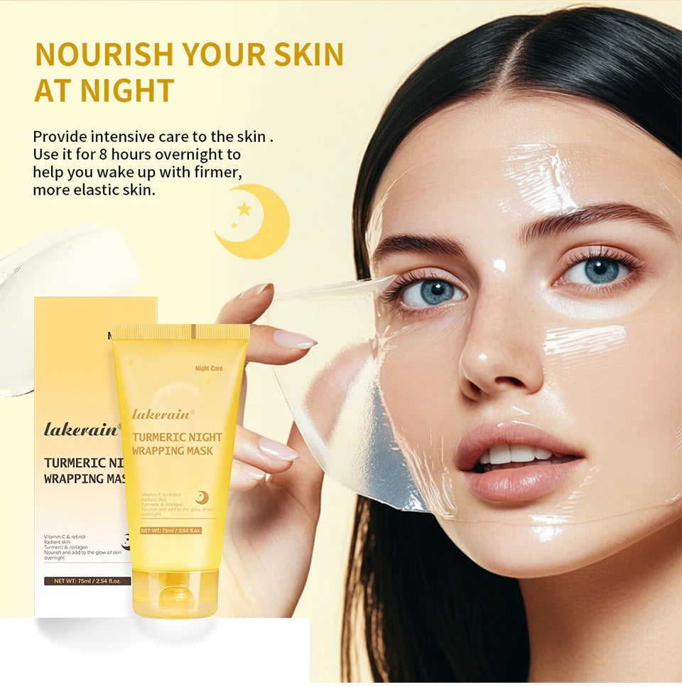 Woman applying a face mask with Lakerain product packaging on a beige background