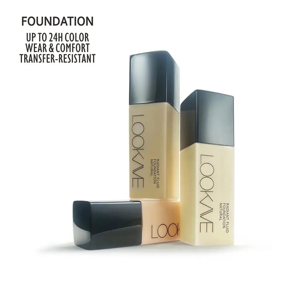 Two bottles of LookAve foundation on a white background with text about foundation properties.