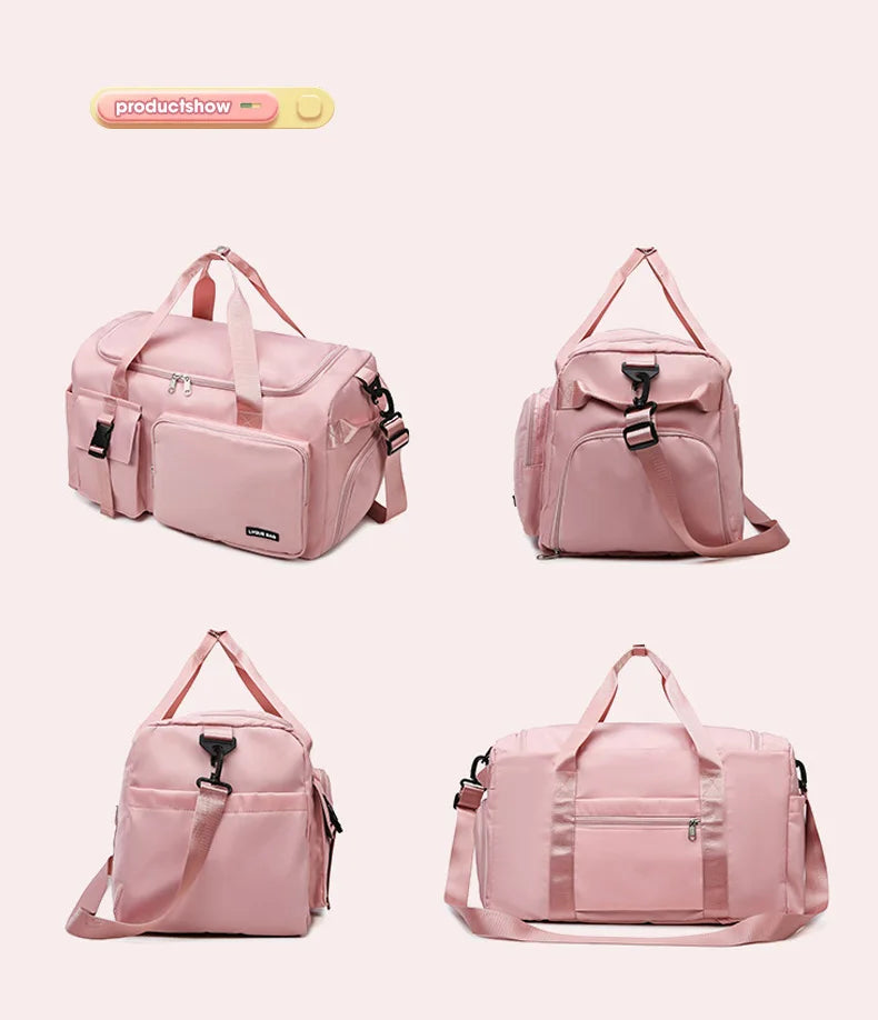 Pink duffel bag shown from multiple angles on a white background