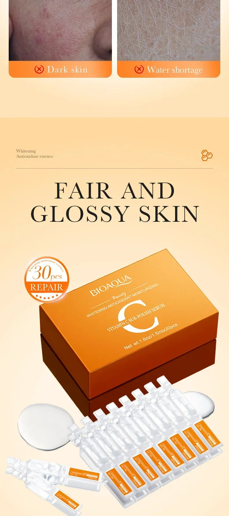 Packaging of skincare products with text 'Fair and Glossy Skin' on a beige background.