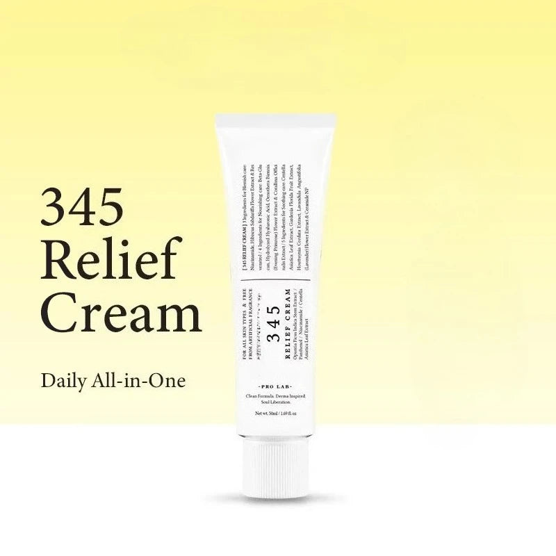Tube of 345 Relief Cream on a light yellow background