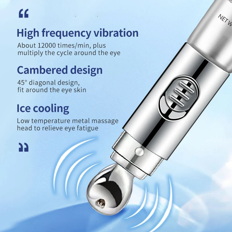 Eye massager with text on high frequency vibration, cambered design, and ice cooling features against a blue background.