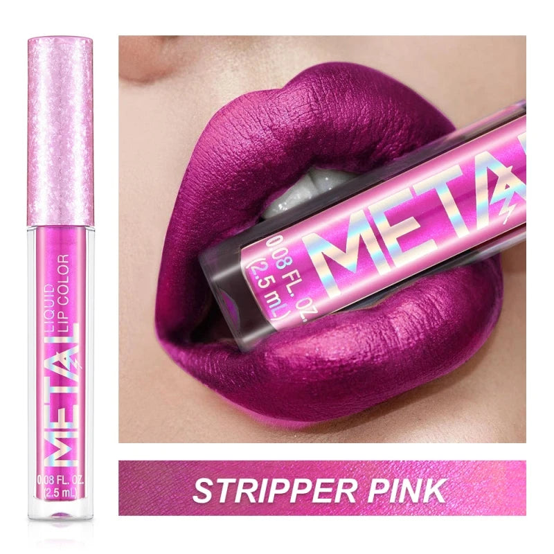 Pink lip gloss with 'META' branding applied to lips, labeled 'Stripper Pink'.