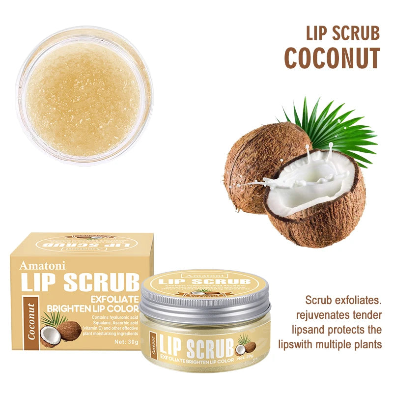 Amatoni Lip Scrub Coconut with coconut halves and packaging on a white background