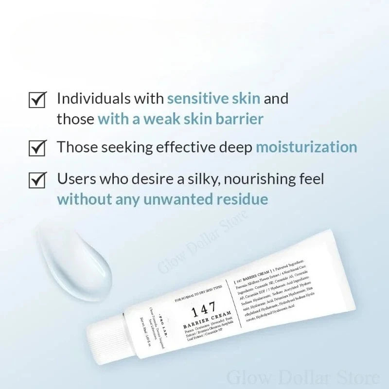 Barrier cream tube with text highlighting its benefits on a light blue background