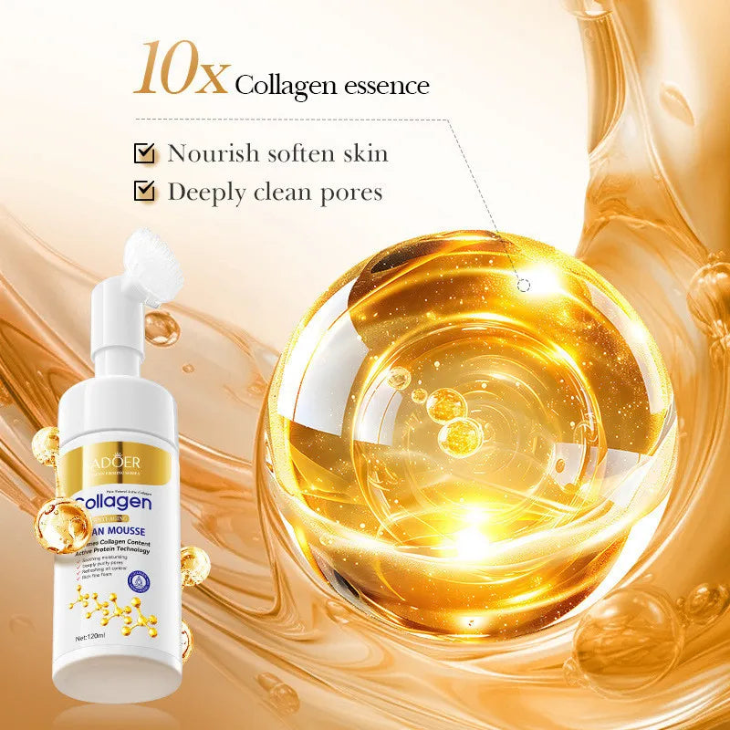 Collagen essence product with golden liquid droplet on a beige background