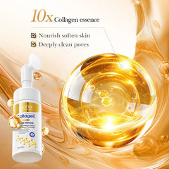 Collagen essence product with golden liquid droplet on a beige background
