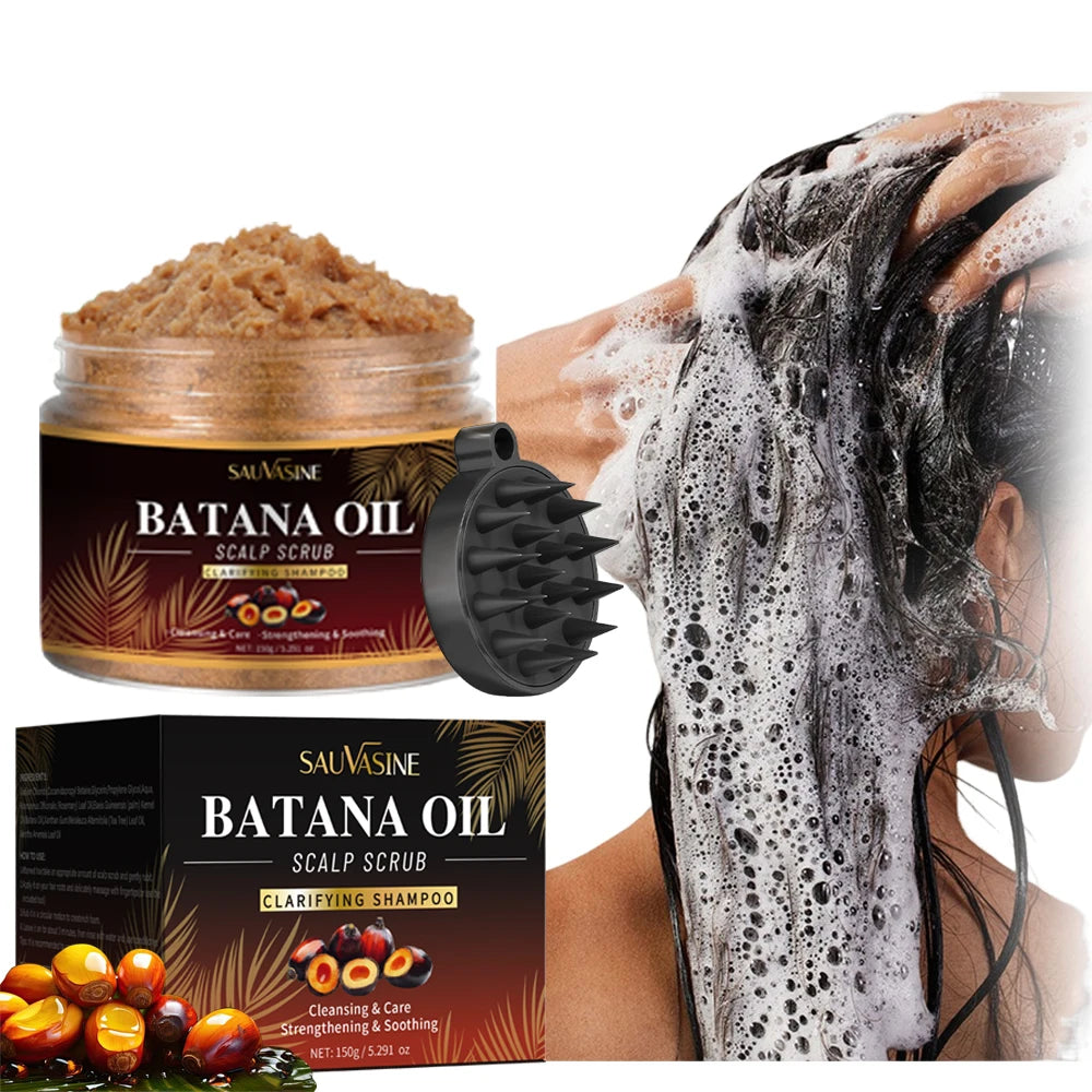 Sauvagine Batana Oil scalp scrub and shampoo with a person washing hair.