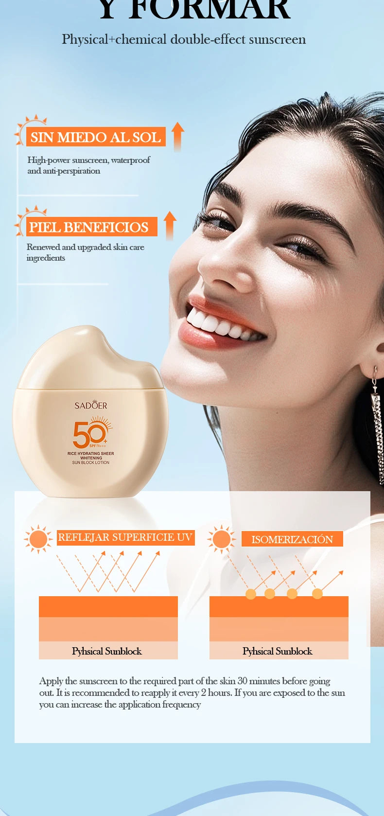 Woman applying sunscreen with a bottle of Suntegral sunscreen on a light blue background