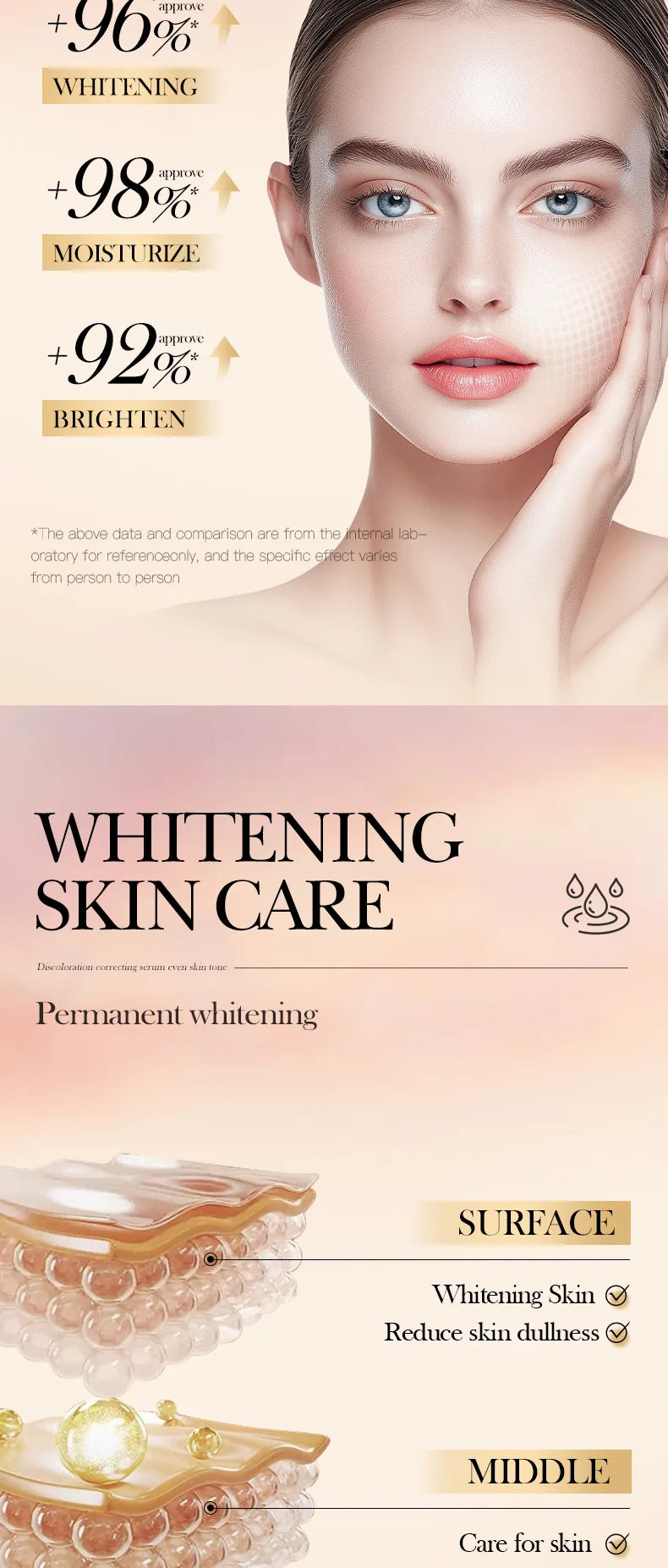 Advertisement for whitening skin care with a woman's face and product packaging.