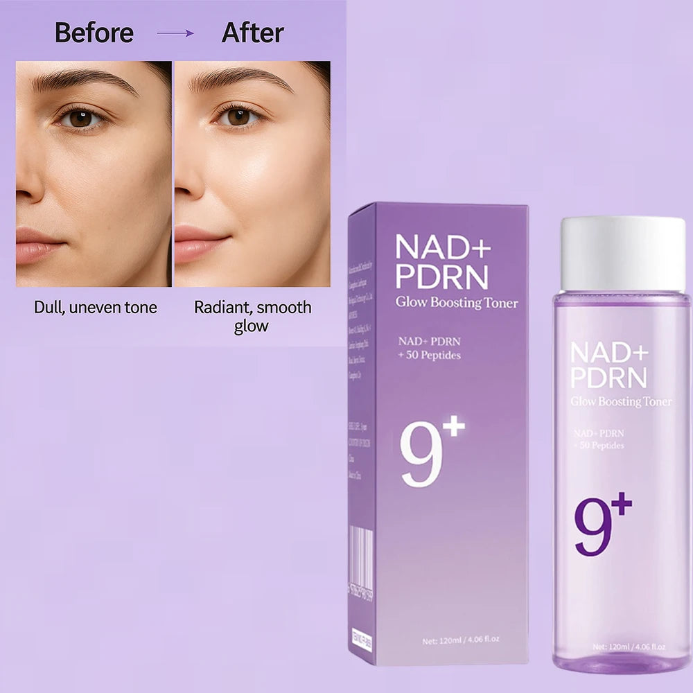 NAD+ PDRN skincare product packaging with 'Before' and 'After' skin comparison on a purple background.