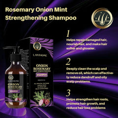 Lanthome Onion Rosemary Strengthening Shampoo with packaging on a dark background