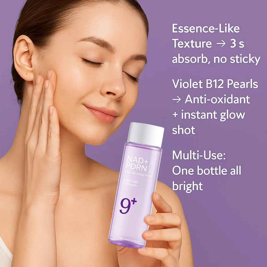 Woman holding a skincare product with text about its benefits on a purple background