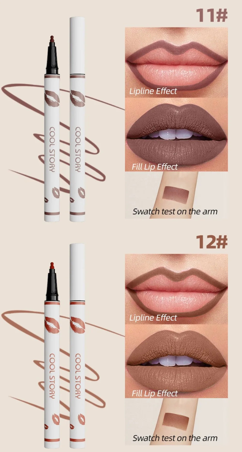 Lip liner with swatches on arm and lip, showing Upline Effect and Fill Lip Effect.